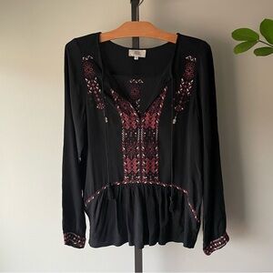 Noa Noa Boho Tassel Front Tie Blouse Top Black Red Embroidered Size 36 Small